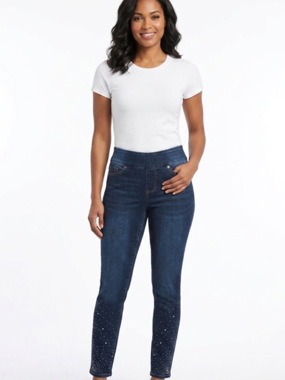 Cleo Petite Dark Wash Jeans Pull-On Skinny Rhinestone Embellished Denim Size 2P